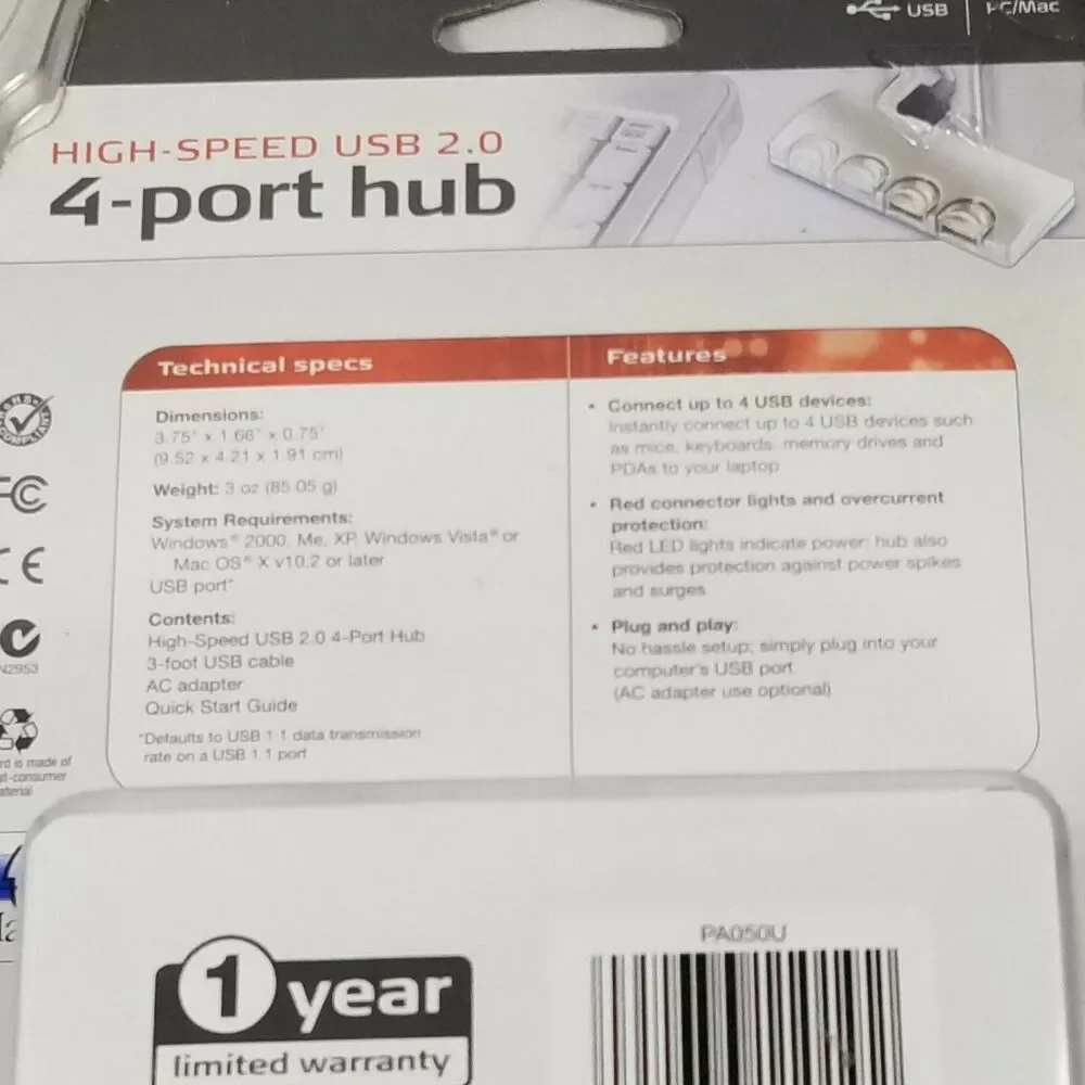 Targus PA050U High Speed 2.0 USB 4 Port Hub PC & Mac New Sealed